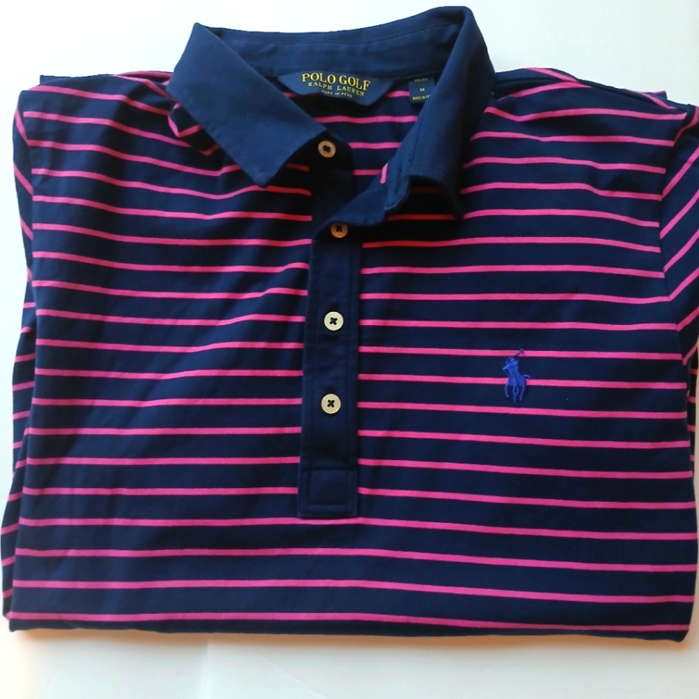 Men's POLO Short Sleeve Shirt | M | Blue/ Pink Stripe